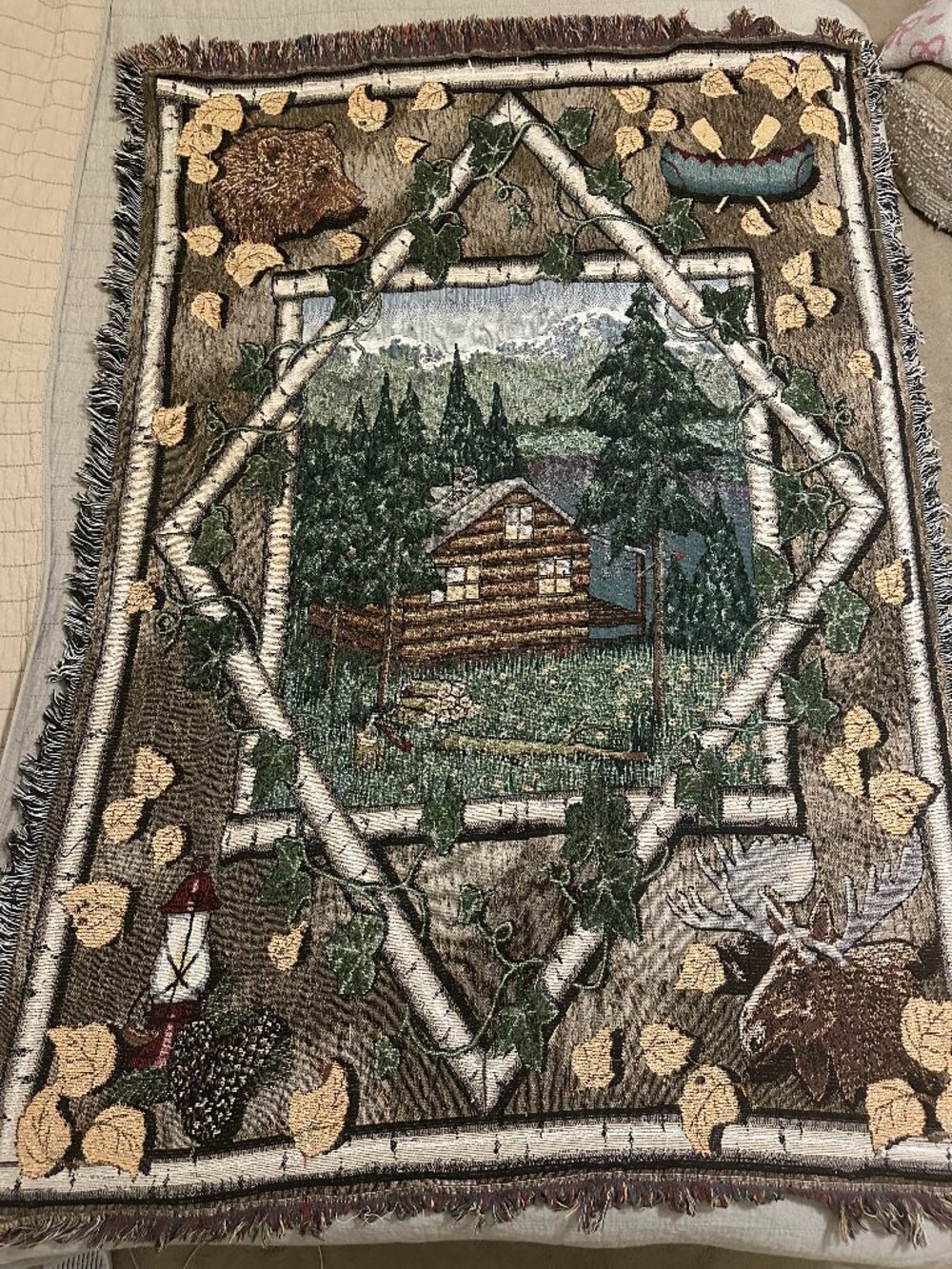Rustic Cabin Lodge Woven Throw Blanket 50x60 Bear Moose Canoe Cabin Tapestry